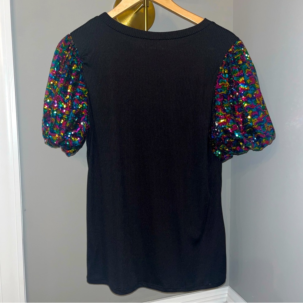 BOUTIQUE Elliana Black Multi Color Rainbow Sequin Puff Sleeve Fitted Top XL - Picture 5 of 12